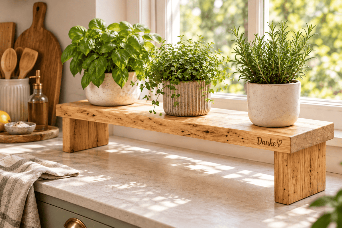 Fensterstufe – Pflanzenpodest aus heller Wurmeiche im Einsatz