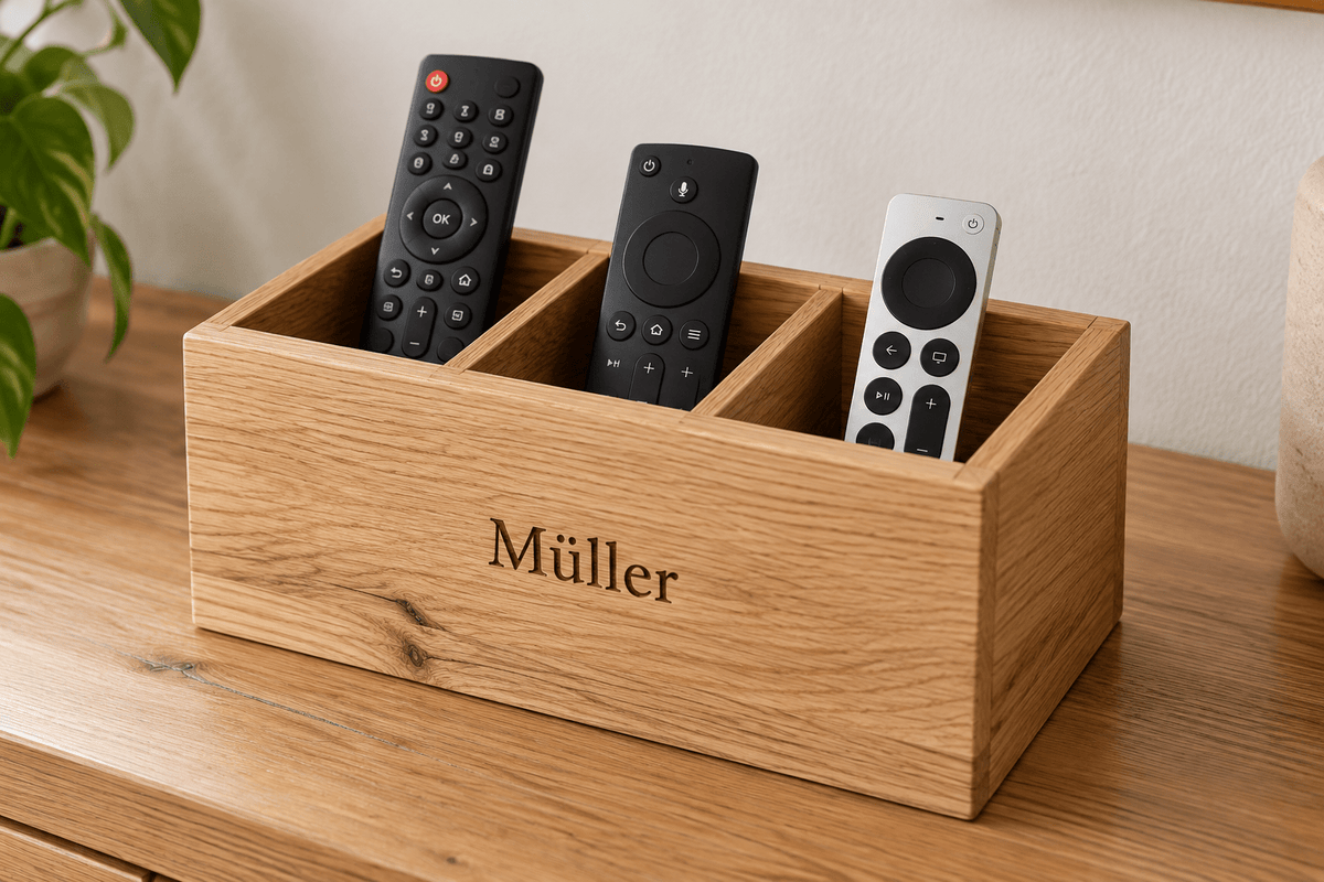 Fernbedienungspark – Fernbedienungsbox aus Eiche – Produktansicht mit Beispielpersonalisierung