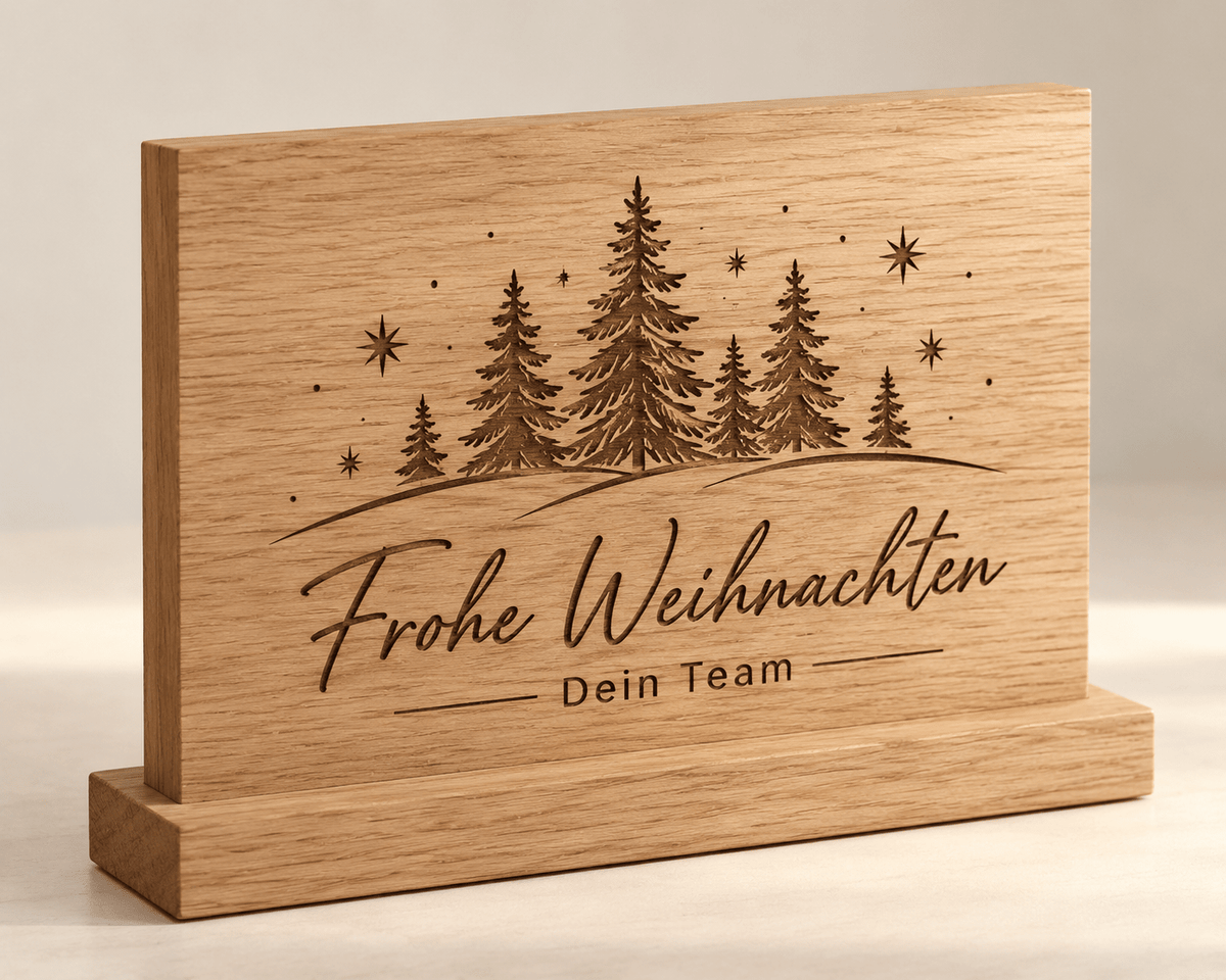 Firmenfest – Weihnachtlicher Firmenaufsteller aus Eiche – Produktansicht mit Beispielgestaltung