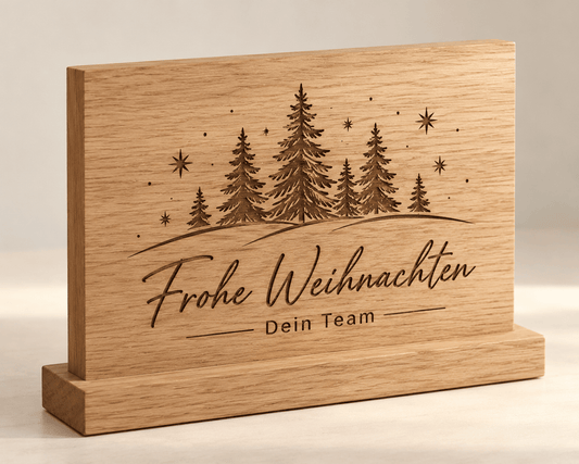 Firmenfest – Weihnachtlicher Firmenaufsteller aus Eiche – Produktansicht mit Beispielgestaltung