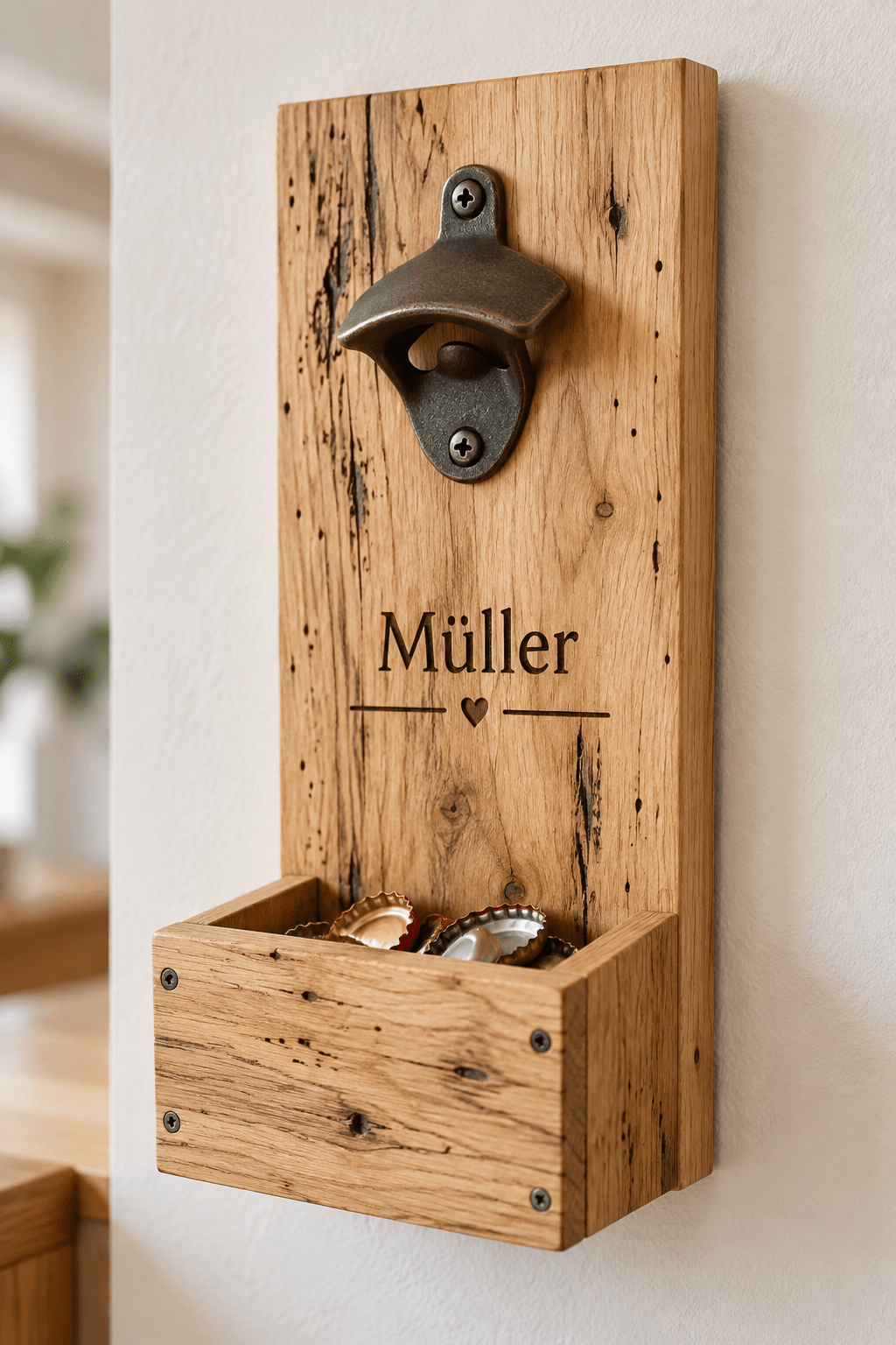 Flaschenöffnerwand – Wand-Flaschenöffner mit Auffangbox aus heller Wurmeiche – Produktansicht mit Beispielpersonalisierung