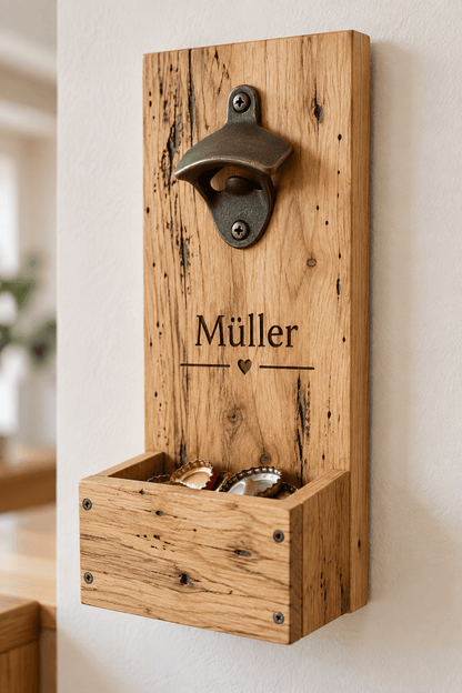 Flaschenöffnerwand – Wand-Flaschenöffner mit Auffangbox aus heller Wurmeiche – Produktansicht mit Beispielpersonalisierung