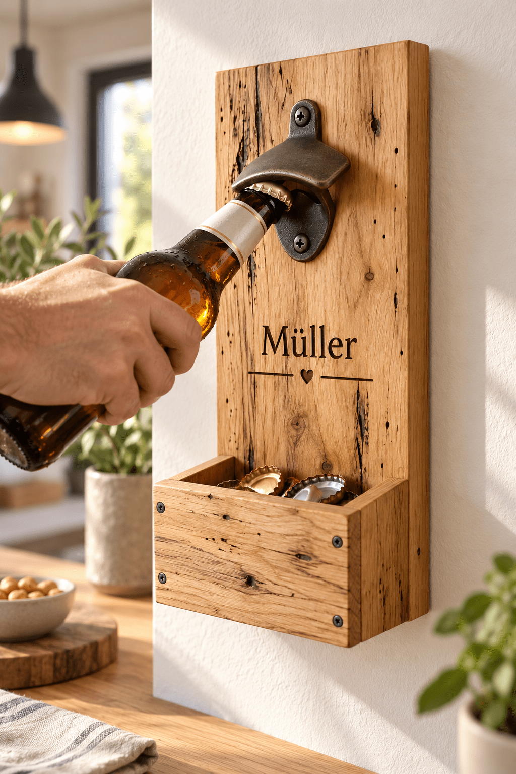 Flaschenöffnerwand – Wand-Flaschenöffner mit Auffangbox aus heller Wurmeiche im Einsatz mit verdeckter rückseitiger Aufhängung
