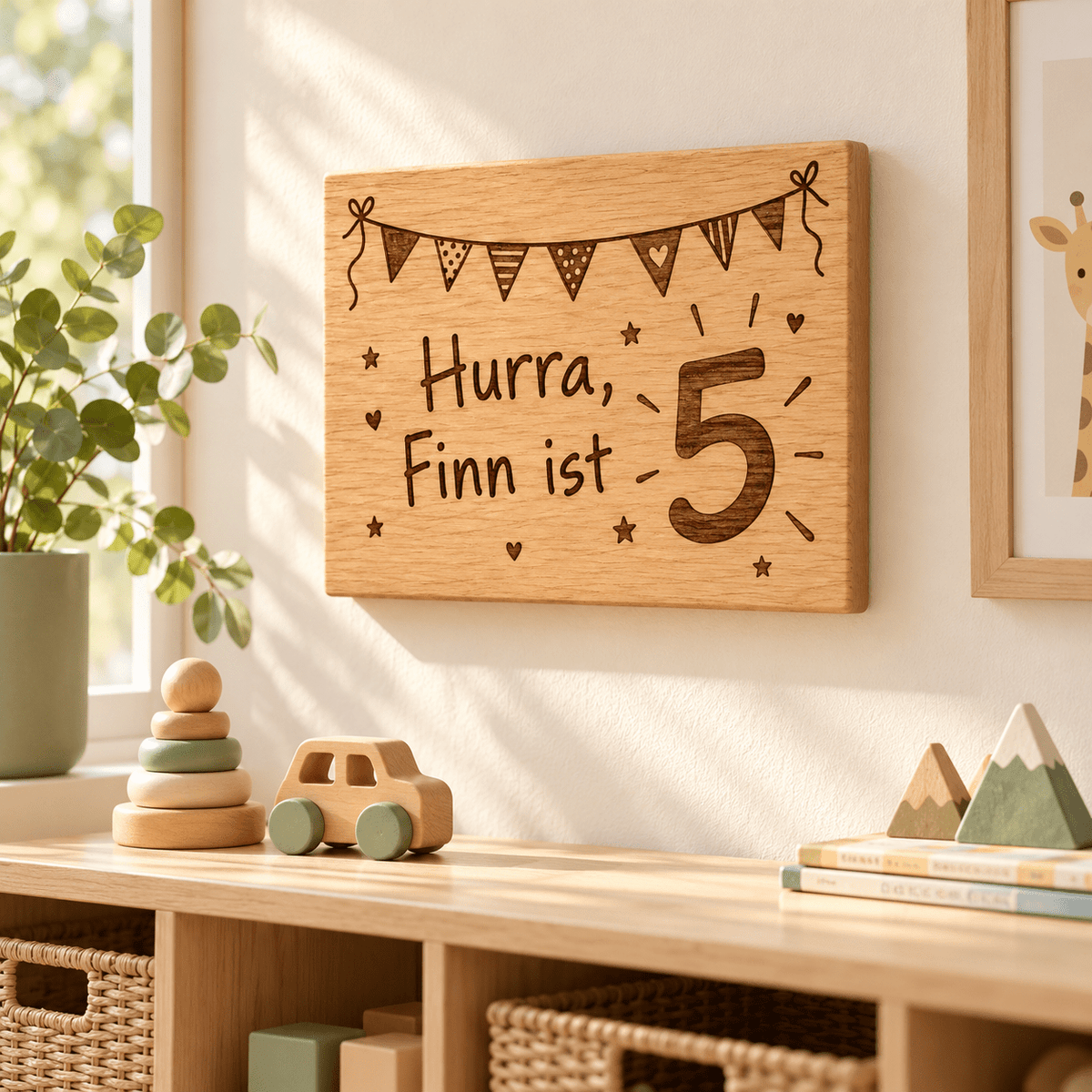 Geburtstagszahl – Personalisierte Geburtstagstafel aus Eiche, Kinderzimmer-Beispiel; digitale Gestaltungsvisualisierung