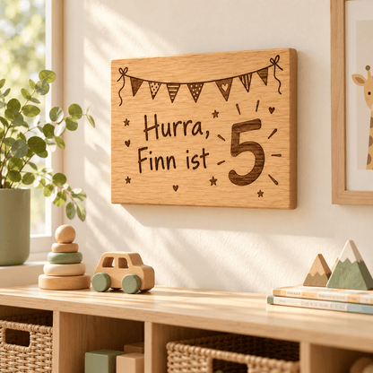 Geburtstagszahl – Personalisierte Geburtstagstafel aus Eiche, Kinderzimmer-Beispiel; digitale Gestaltungsvisualisierung