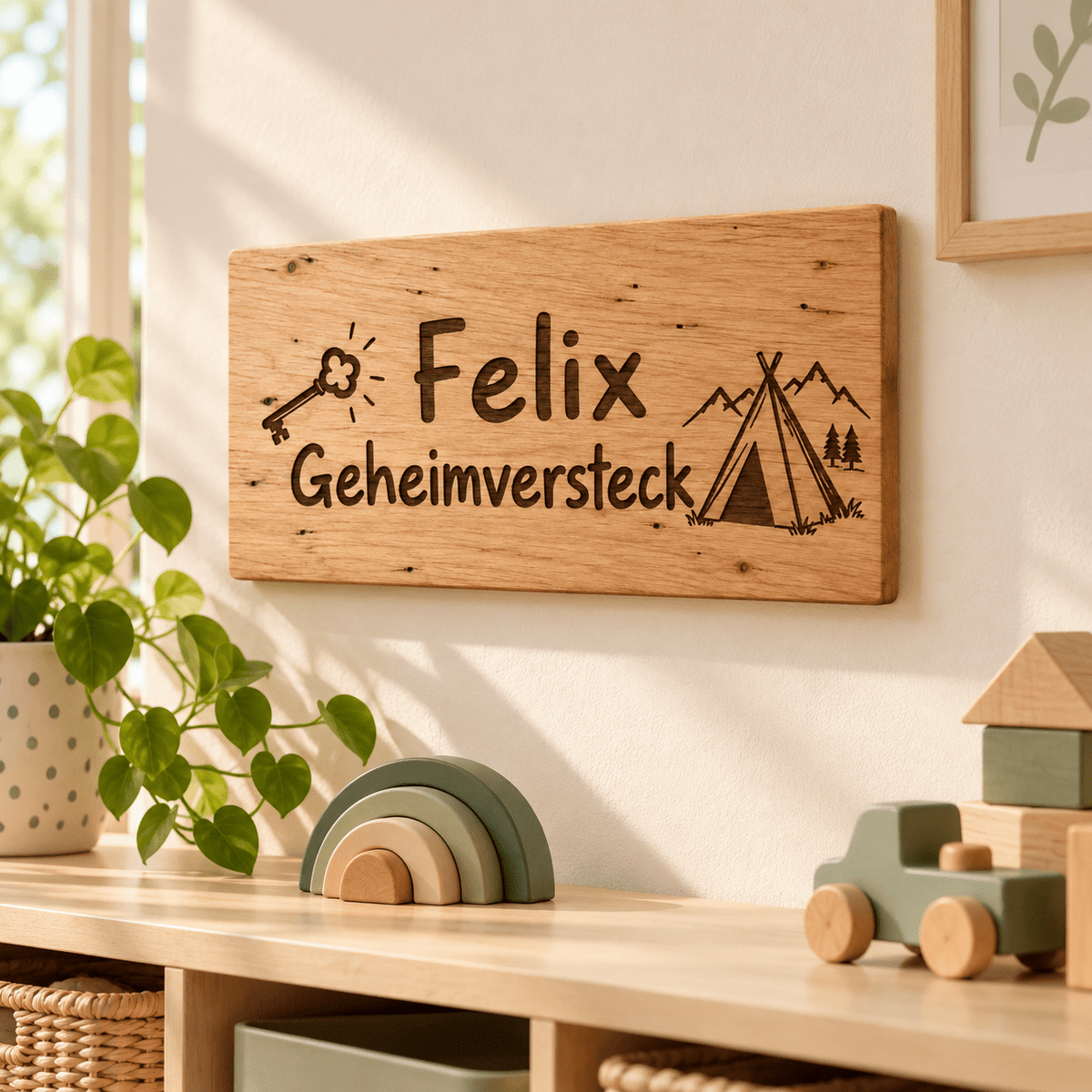 Geheimversteck – Personalisiertes Schild für die Spielecke, Kinderzimmer-Beispiel; digitale Gestaltungsvisualisierung