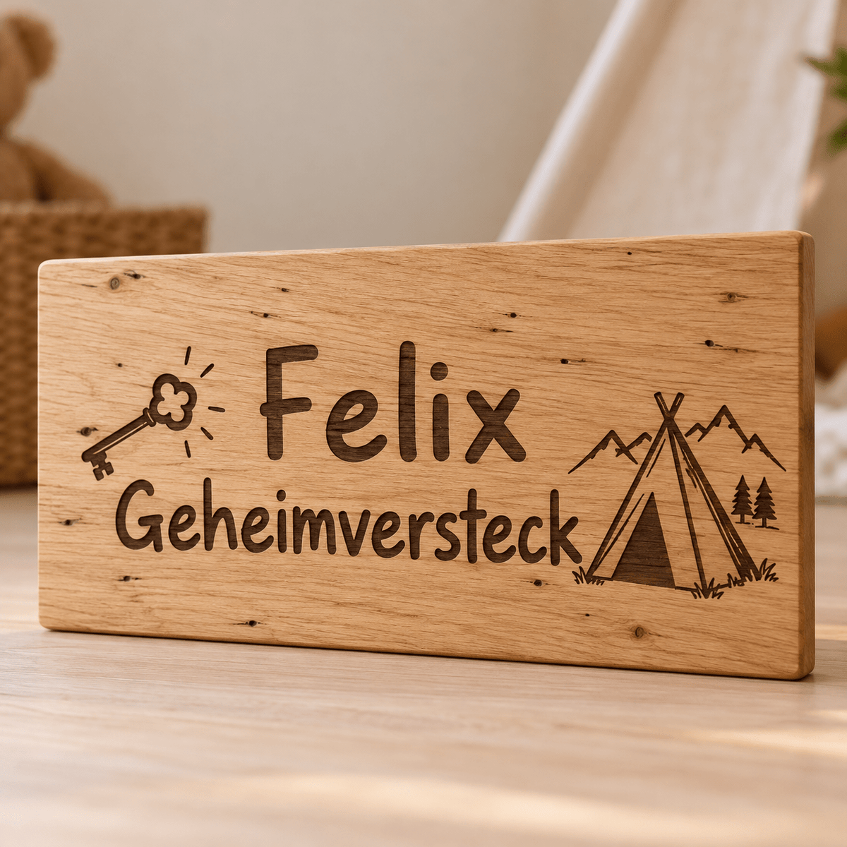 Geheimversteck – Personalisiertes Schild für die Spielecke, Produktansicht; digitale Gestaltungsvisualisierung