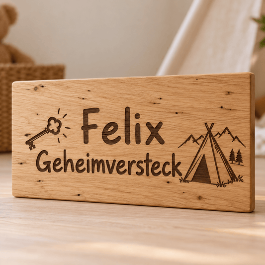 Geheimversteck – Personalisiertes Schild für die Spielecke, Produktansicht; digitale Gestaltungsvisualisierung
