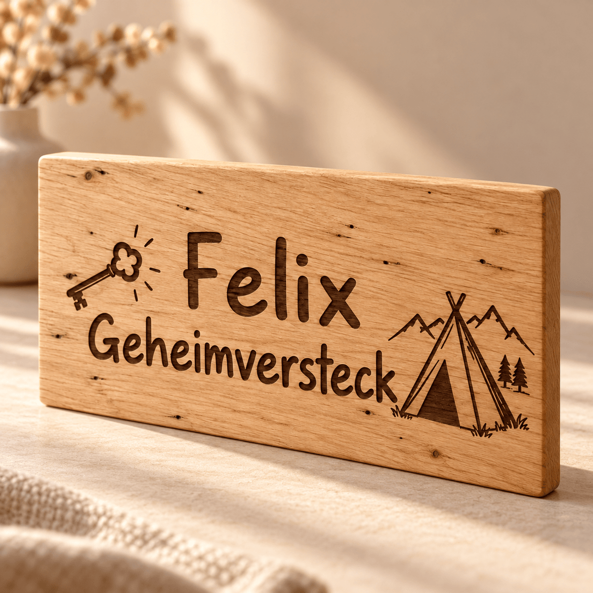 Geheimversteck – Personalisiertes Schild für die Spielecke, Gravur und Holzdetail; digitale Gestaltungsvisualisierung