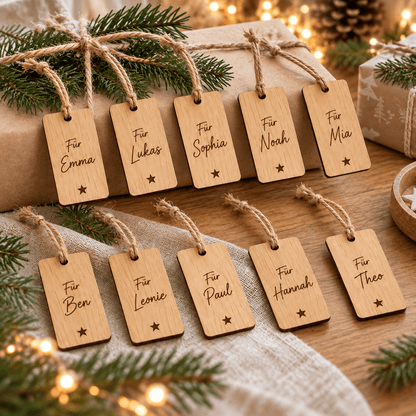 Geschenknamen – Personalisierte Geschenkanhänger im 10er-Set – Anwendungsbeispiel, KI-Visualisierung