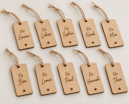 Geschenknamen – Personalisierte Geschenkanhänger im 10er-Set – Produktansicht mit Beispielgestaltung
