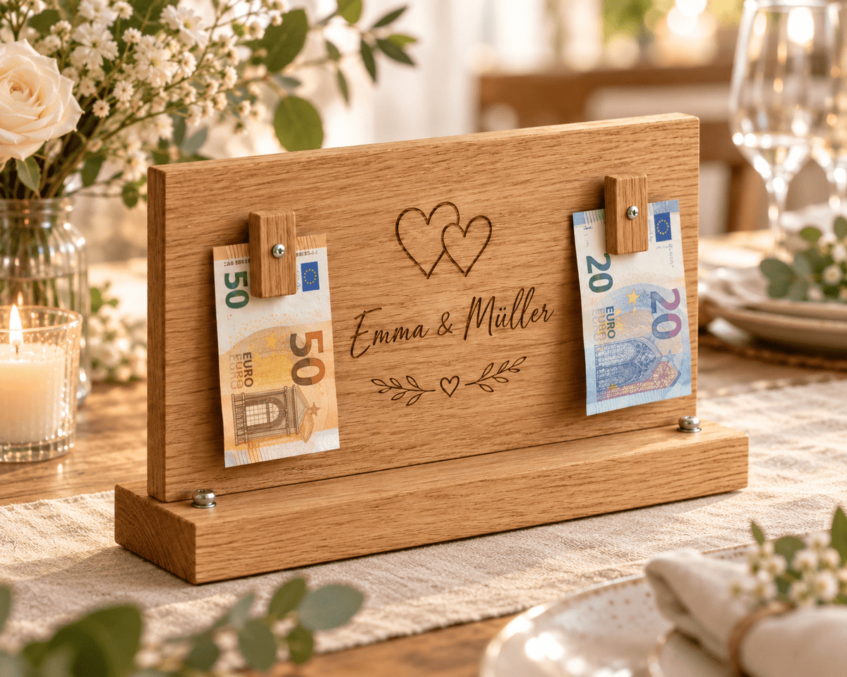 Geschenkplatz – Geldgeschenk-Aufsteller zur Hochzeit aus Eiche im Einsatz