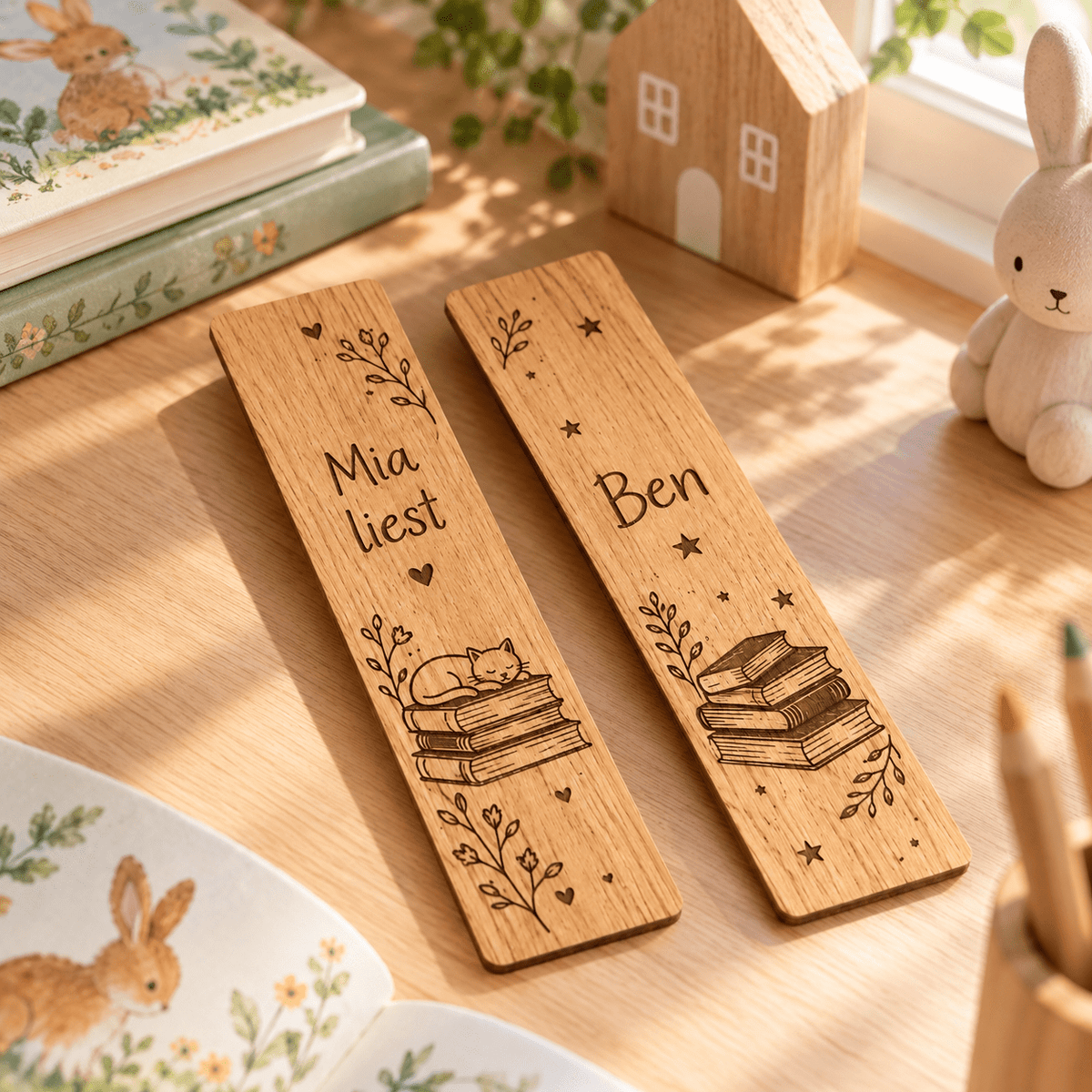 Geschichtenhalter – Personalisiertes Lesezeichen im 2er-Set, Kinderzimmer-Beispiel; digitale Gestaltungsvisualisierung