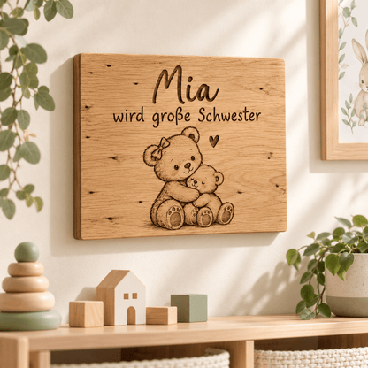Geschwisterglück – Erinnerungstafel für große Geschwister, Kinderzimmer-Beispiel; digitale Gestaltungsvisualisierung