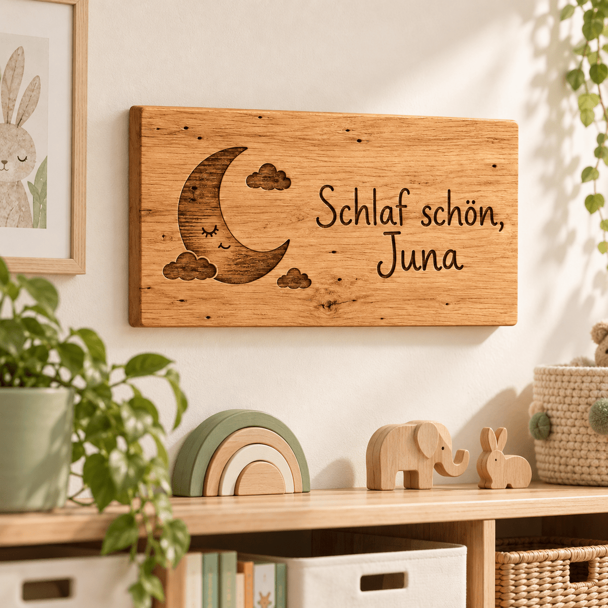 Gute Nacht – Personalisiertes Gutenacht-Schild, Kinderzimmer-Beispiel; digitale Gestaltungsvisualisierung