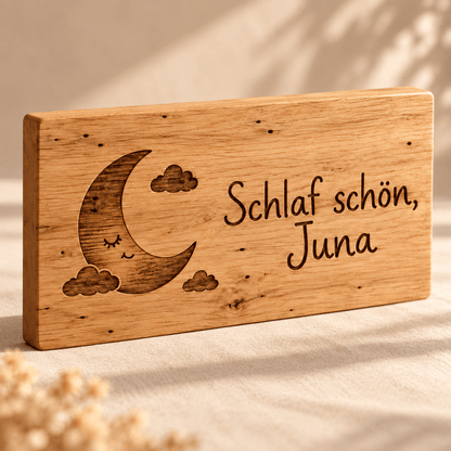 Gute Nacht – Personalisiertes Gutenacht-Schild, Gravur und Holzdetail; digitale Gestaltungsvisualisierung