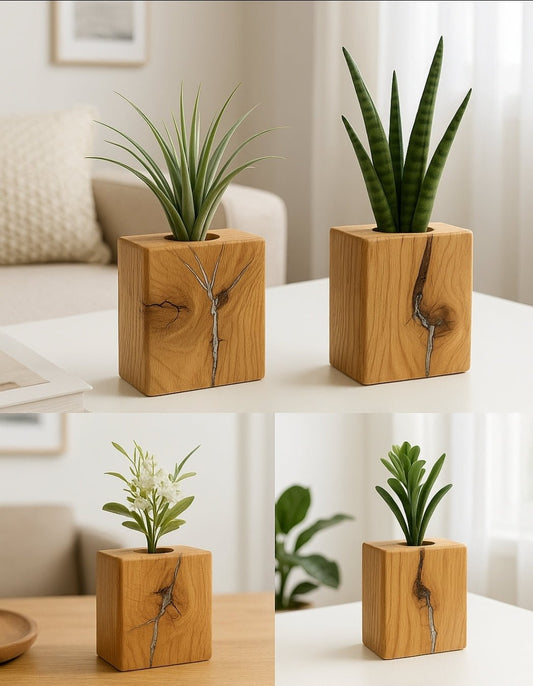 Handgefertigte Holzdeko aus Eiche oder Esche | Zinn oder Dunkle Risse | Pflanzhalter | - Woodequipment24