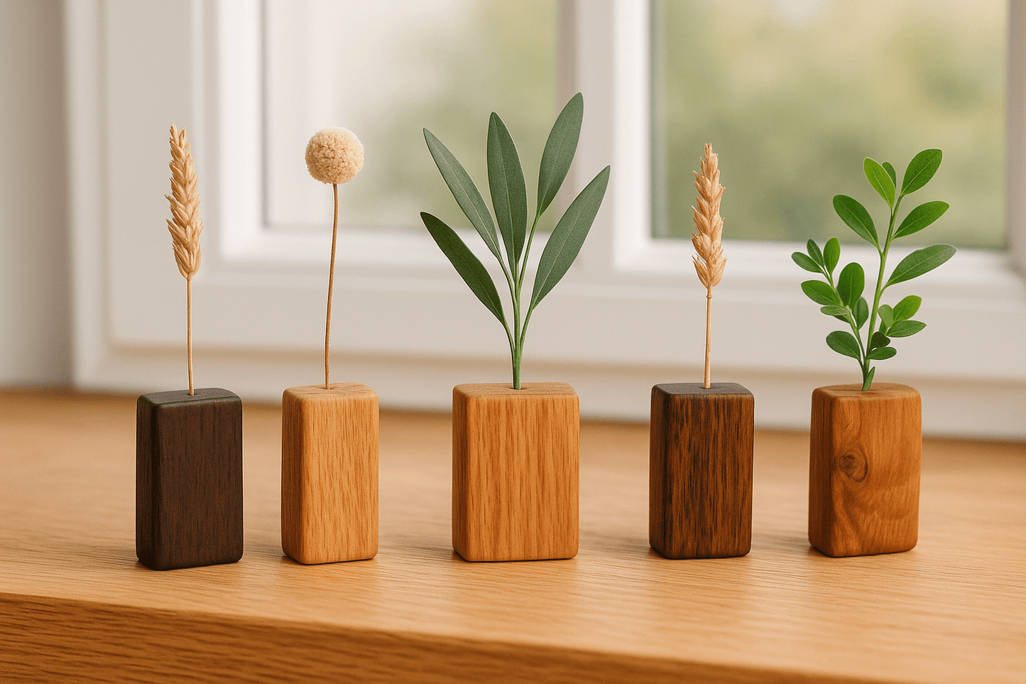 Handgefertigte Mini - Holzvasen mit Trockenblumen – Naturdeko im Set aus verschiedenen Hölzern - Woodequipment24