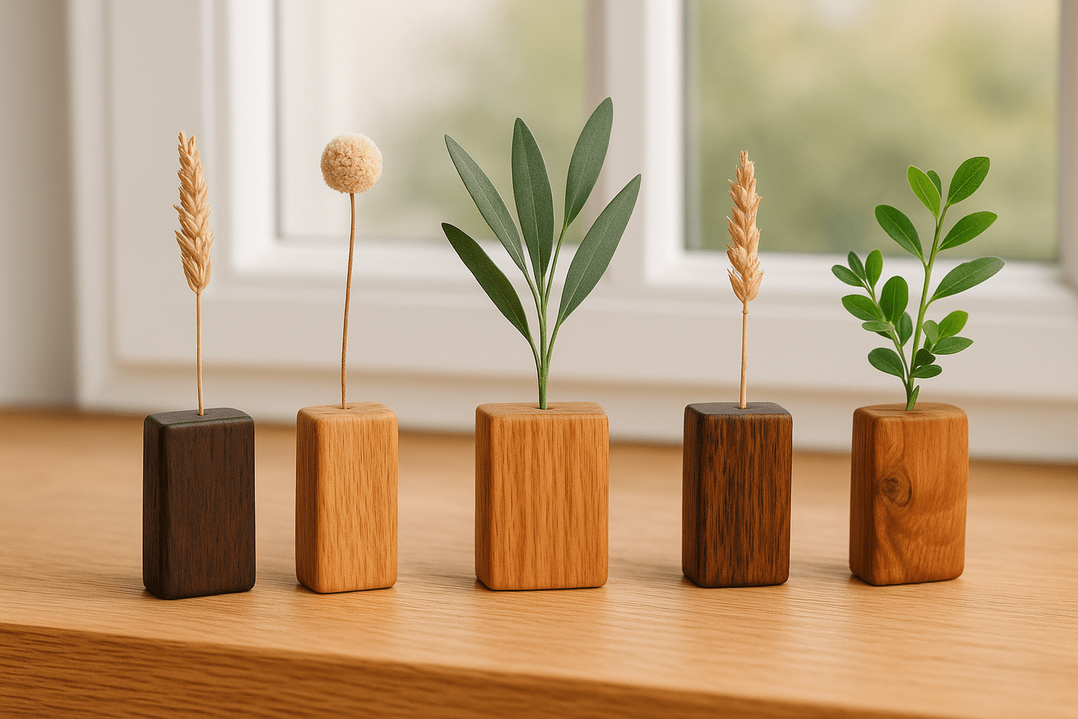 Handgefertigte Mini - Holzvasen mit Trockenblumen – Naturdeko im Set aus verschiedenen Hölzern - Woodequipment24