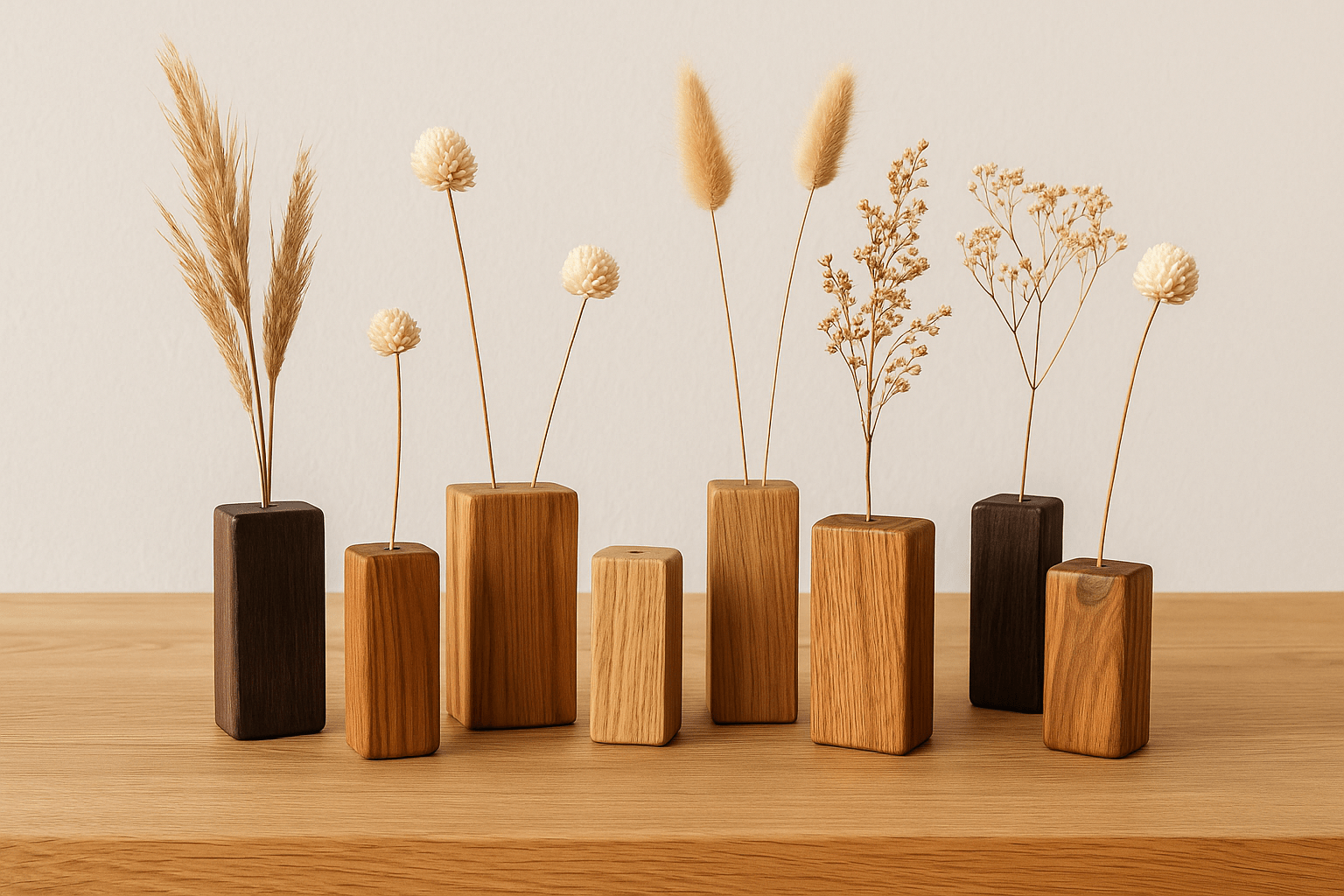 Handgefertigte Mini - Holzvasen mit Trockenblumen – Naturdeko im Set aus verschiedenen Hölzern - Woodequipment24