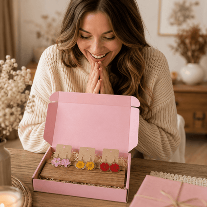 Handgemachte Ohrringe mit echten Blumen – Resin Schmuck aus Deutschland – 3er Set inkl. Eichenholz Nutleiste – Damen Ohrhänger – Geschenk für Frauen - Wood - 24