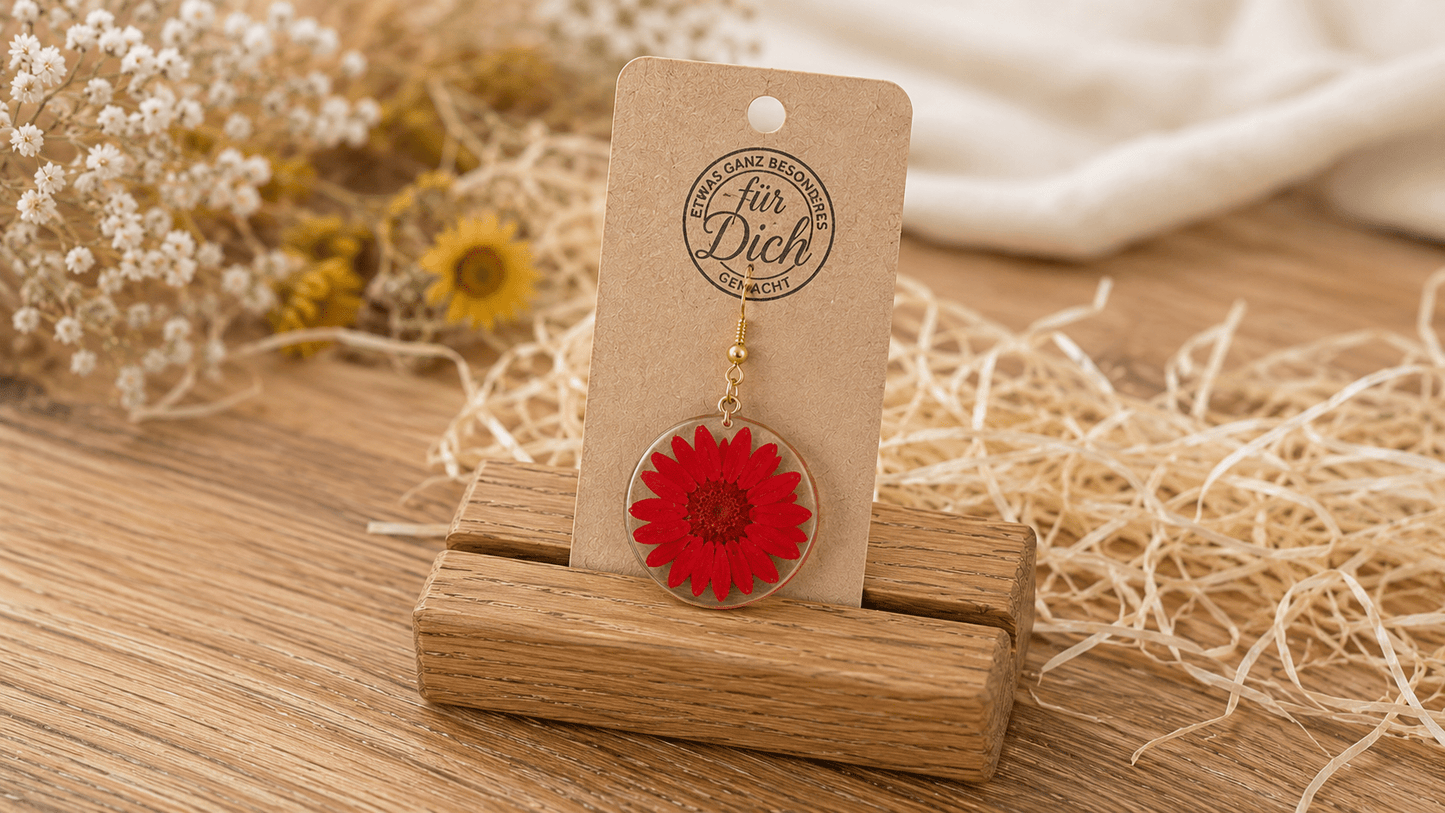 Handgemachte Ohrringe mit echten Blumen – Resin Schmuck aus Deutschland – 3er Set inkl. Eichenholz Nutleiste – Damen Ohrhänger – Geschenk für Frauen - Wood - 24