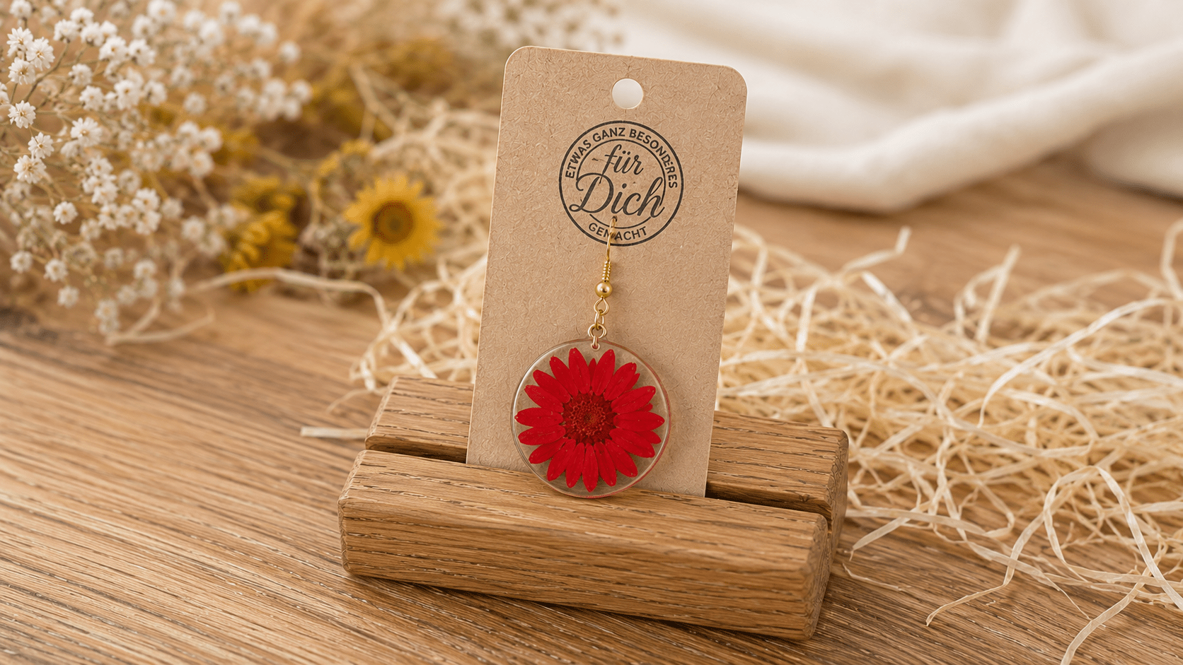 Handgemachte Ohrringe mit echten Blumen – Resin Schmuck aus Deutschland – 3er Set inkl. Eichenholz Nutleiste – Damen Ohrhänger – Geschenk für Frauen - Wood - 24