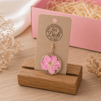 Handgemachte Ohrringe mit echten Blumen – Resin Schmuck aus Deutschland – 3er Set inkl. Eichenholz Nutleiste – Damen Ohrhänger – Geschenk für Frauen - Wood - 24