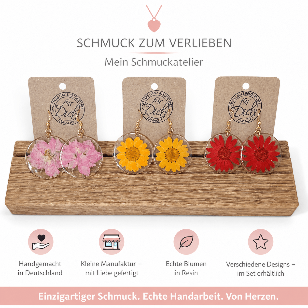 Handgemachte Ohrringe mit echten Blumen – Resin Schmuck aus Deutschland – 3er Set inkl. Eichenholz Nutleiste – Damen Ohrhänger – Geschenk für Frauen - Wood - 24