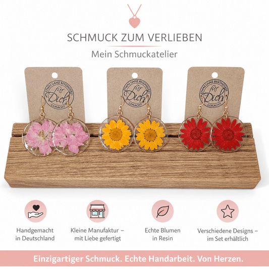 Handgemachte Ohrringe mit echten Blumen – Resin Schmuck aus Deutschland – 3er Set inkl. Eichenholz Nutleiste – Damen Ohrhänger – Geschenk für Frauen - Wood - 24