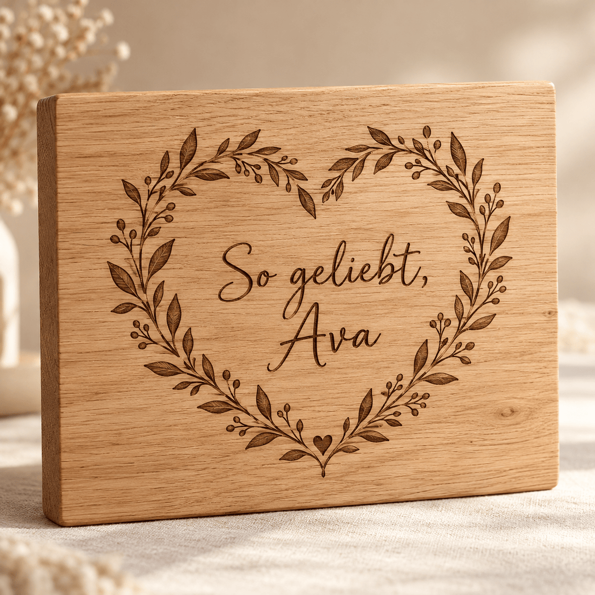 Herzenskind – Personalisierte Liebesbotschaft aus Holz, Produktansicht; digitale Gestaltungsvisualisierung