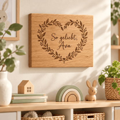 Herzenskind – Personalisierte Liebesbotschaft aus Holz, Kinderzimmer-Beispiel; digitale Gestaltungsvisualisierung