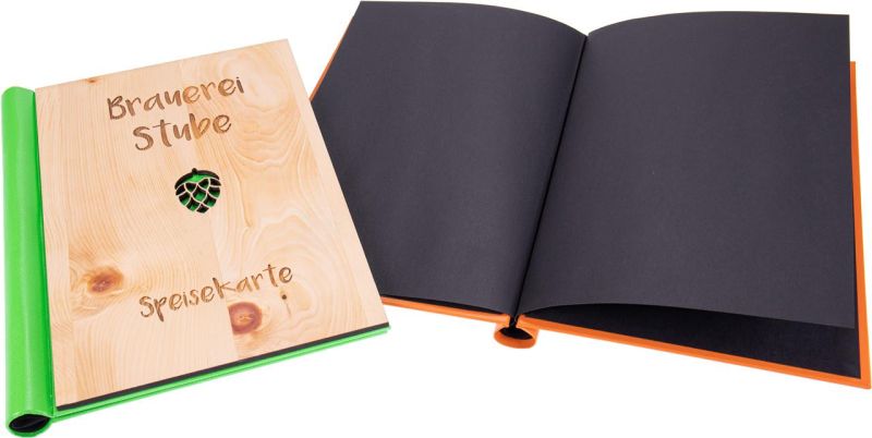 Hochwertige Holz - Speisekarte Gästebuch mit praktischem Klemmbinder - System Schwarz - Woodequipment24