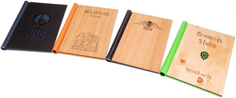 Hochwertige Holz - Speisekarte Gästebuch mit praktischem Klemmbinder - System Schwarz - Woodequipment24