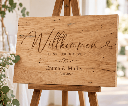 Hochzeitsweg – Willkommensschild rechteckig aus heller Wurmeiche – Produktansicht mit Beispielpersonalisierung