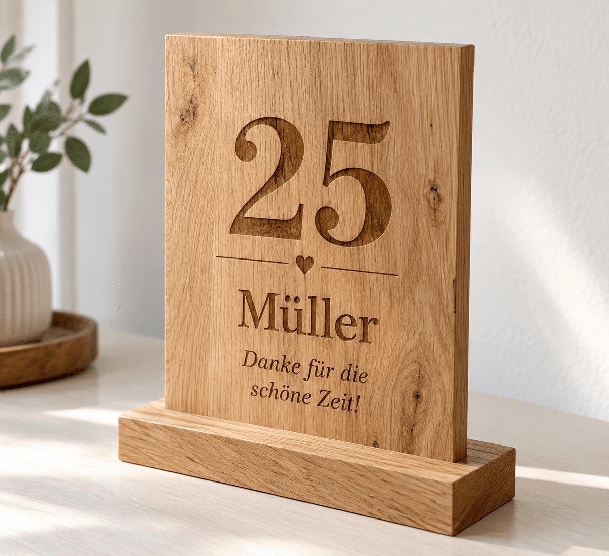 Jahreszahl – Jubiläumsaufsteller aus Eiche – Produktansicht mit Beispielpersonalisierung