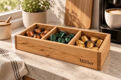 Kapselreihe – offene Kaffeekapselbox aus Eiche im Einsatz