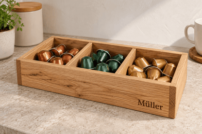 Kapselreihe – offene Kaffeekapselbox aus Eiche – Produktansicht mit Beispielpersonalisierung