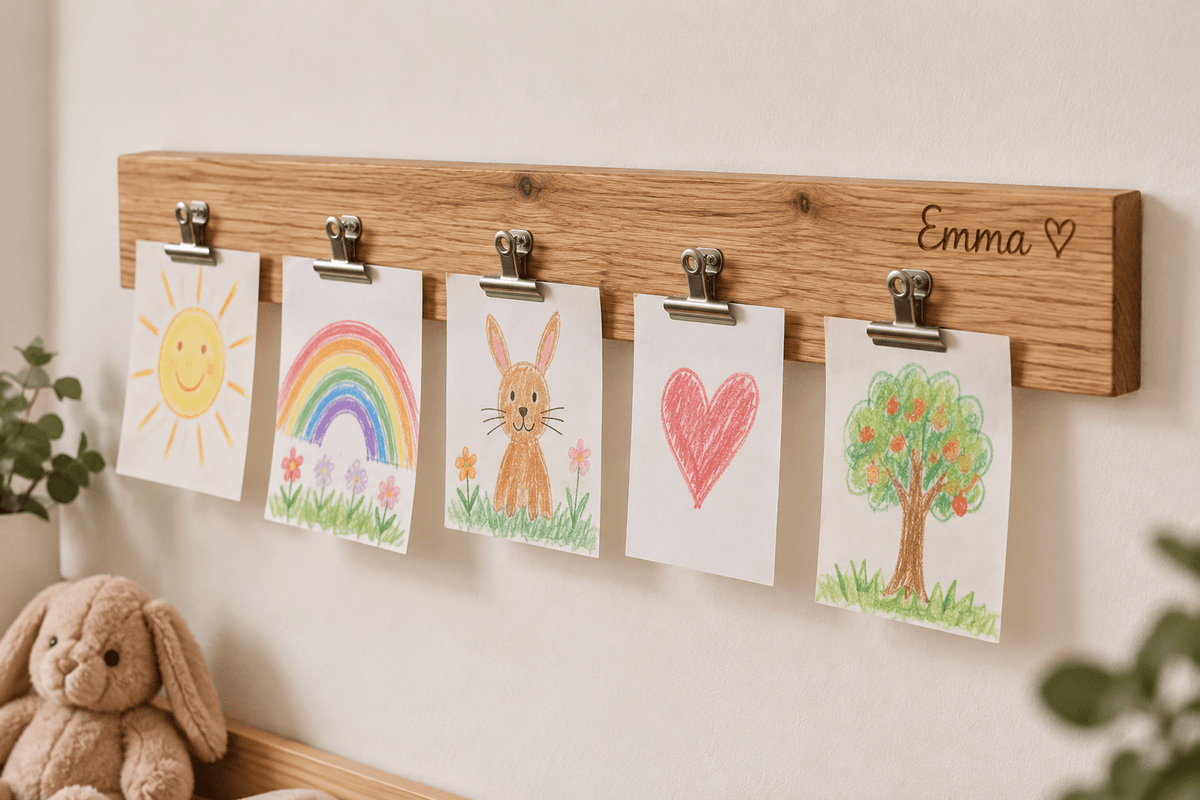 Kinderkunstplatz – Bilderleiste mit Clips aus Eiche – Produktansicht mit Beispielpersonalisierung