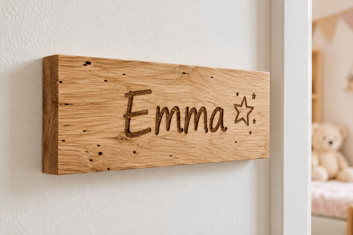 Kinderzimmername – rechteckiges Kinder-Türschild aus heller Wurmeiche – Produktansicht mit Beispielpersonalisierung