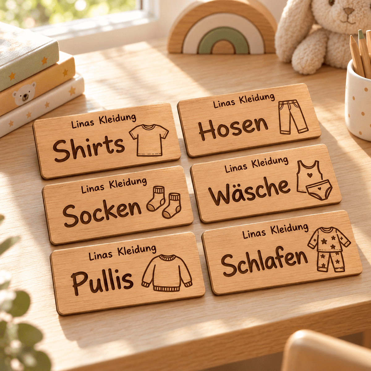 Kleiderordnung – Personalisierte Schrank-Schilder im 6er-Set, Kinderzimmer-Beispiel; digitale Gestaltungsvisualisierung