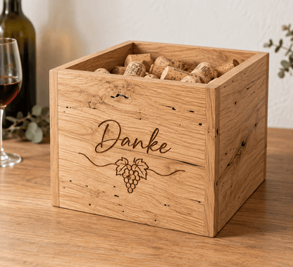 Korkensammlung – offene Korken-Sammelbox aus heller Wurmeiche – Produktansicht mit Beispielpersonalisierung