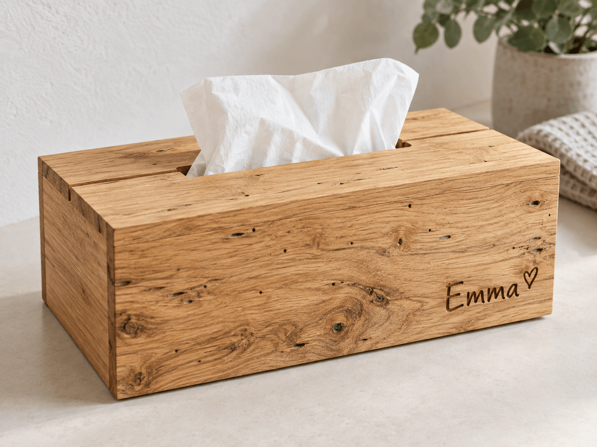 Kosmetiktuchrahmen – Hülle für Taschentuchboxen aus heller Wurmeiche – Produktansicht mit Beispielpersonalisierung