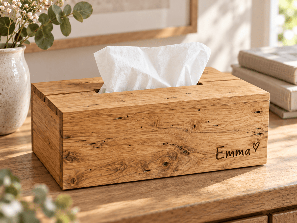 Kosmetiktuchrahmen – Hülle für Taschentuchboxen aus heller Wurmeiche im Einsatz