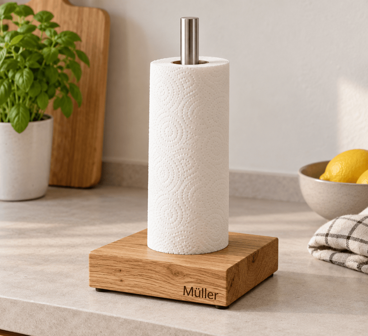 Küchenrollenplatz – Küchenrollenhalter mit Metallstab aus Eiche – Produktansicht mit Beispielpersonalisierung