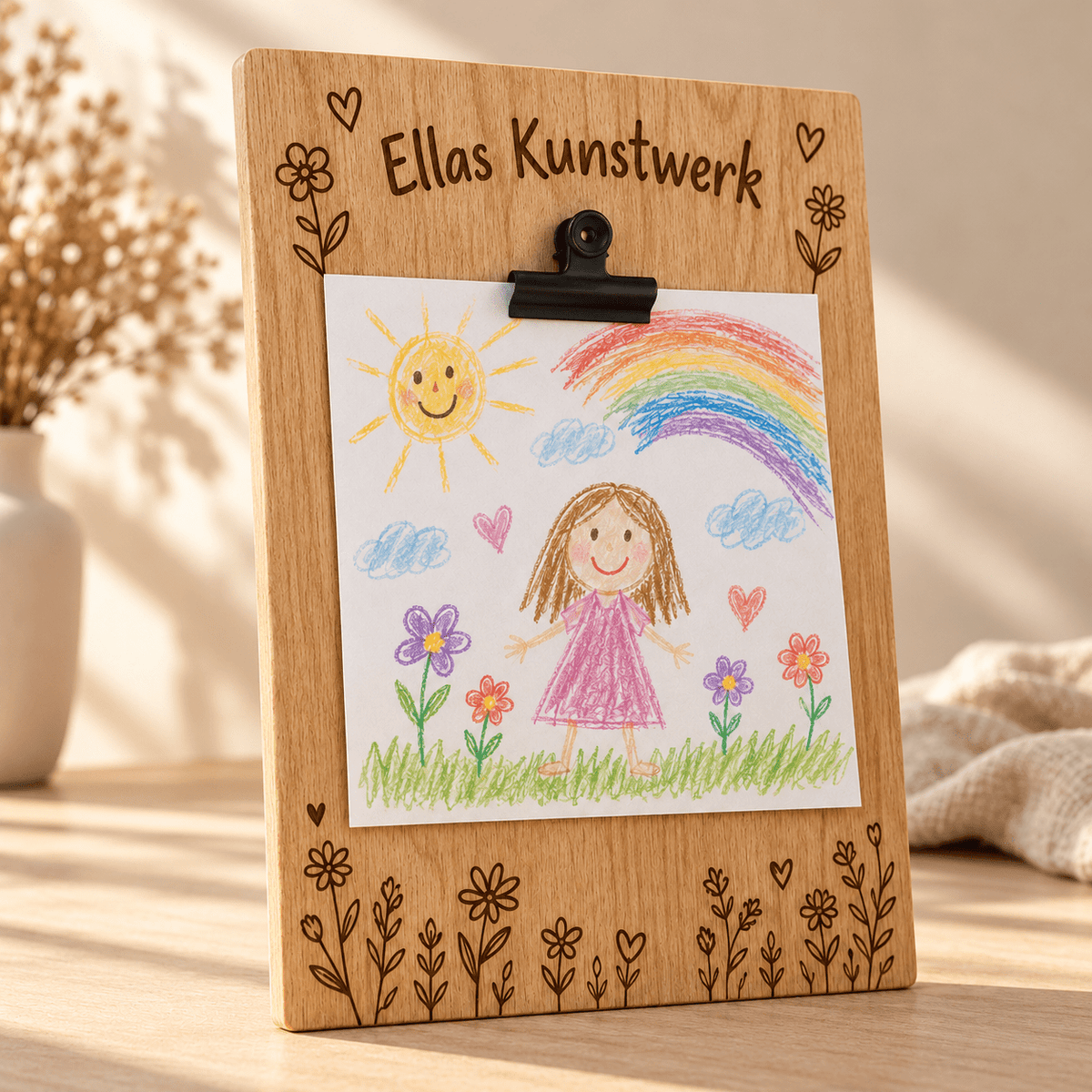 Kunstwerk des Monats – Personalisiertes Bilder-Klemmbrett, Gravur und Holzdetail; digitale Gestaltungsvisualisierung