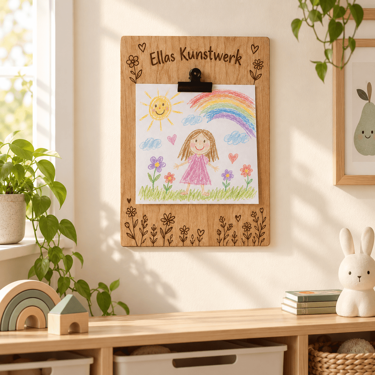 Kunstwerk des Monats – Personalisiertes Bilder-Klemmbrett, Kinderzimmer-Beispiel; digitale Gestaltungsvisualisierung