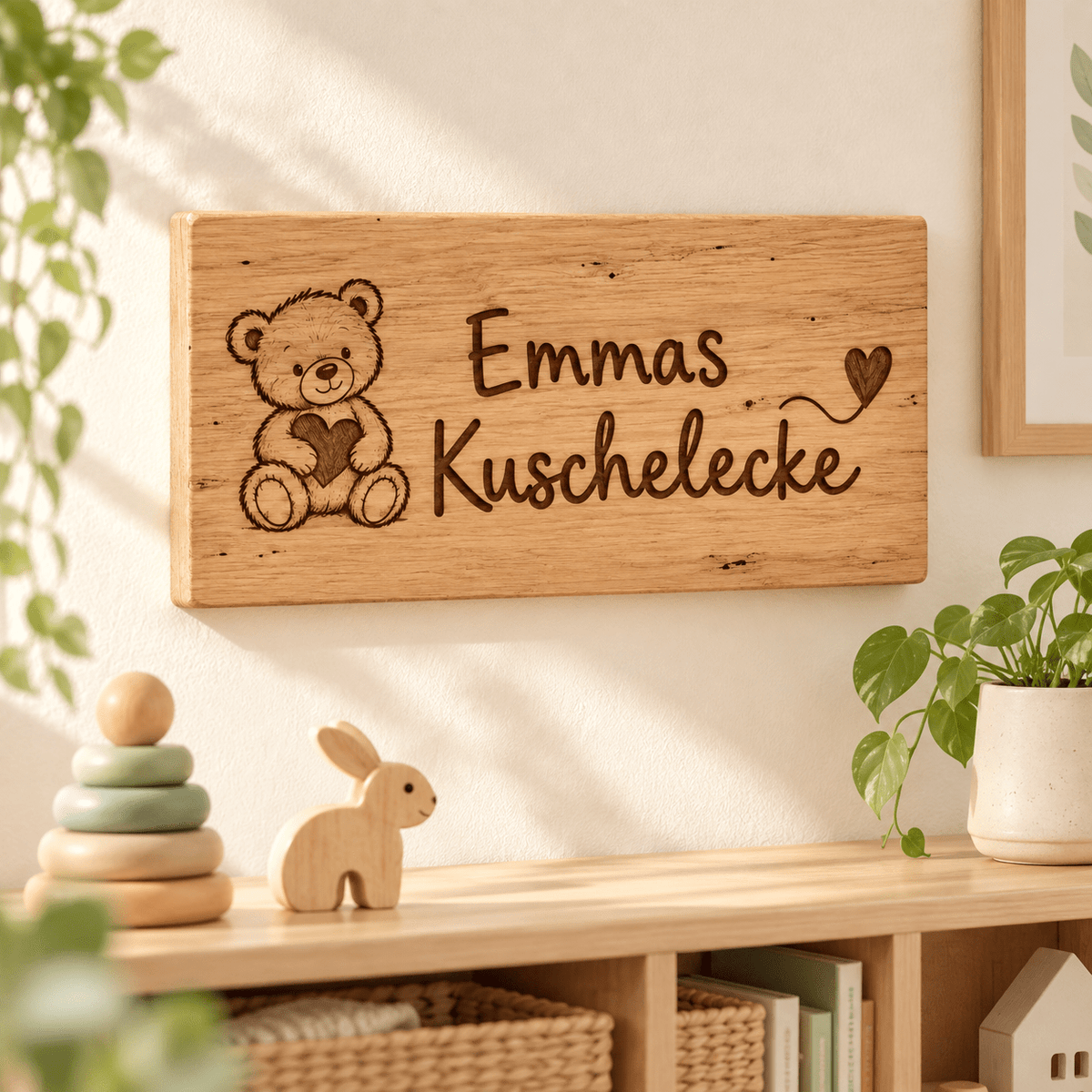 Kuschelecke – Personalisiertes Schild für den Kuschelplatz, Kinderzimmer-Beispiel; digitale Gestaltungsvisualisierung