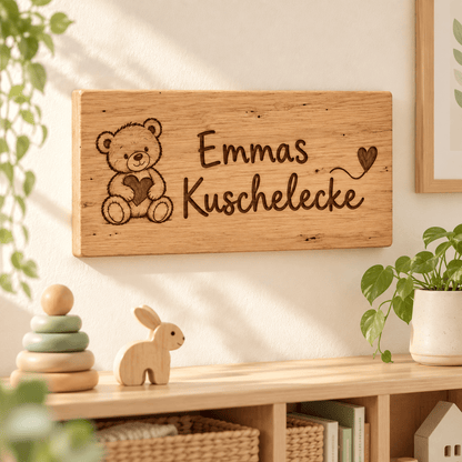 Kuschelecke – Personalisiertes Schild für den Kuschelplatz, Kinderzimmer-Beispiel; digitale Gestaltungsvisualisierung