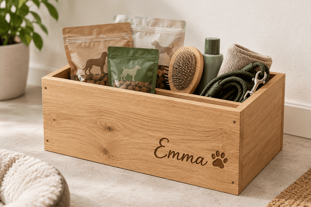 Leckerliboxplatz – Haustier-Ordnungsbox aus Eiche – Produktansicht mit Beispielpersonalisierung